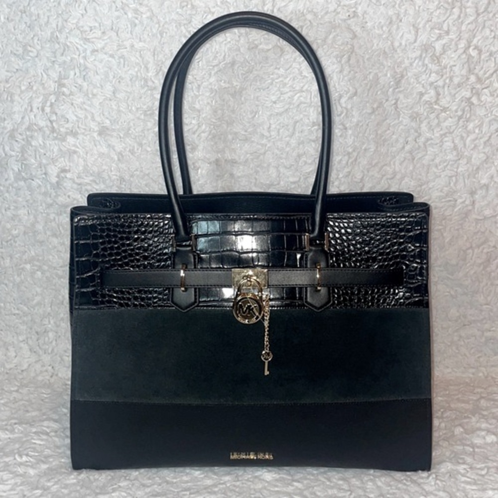 New Michael Kors Hamilton Multi Mixed Leather XL EW Shoulder Bag Tote Black